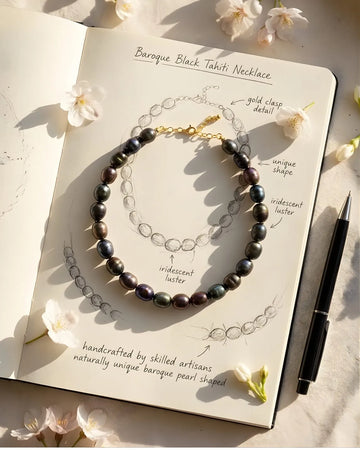 Black Tahiti baroque pearl necklace story card