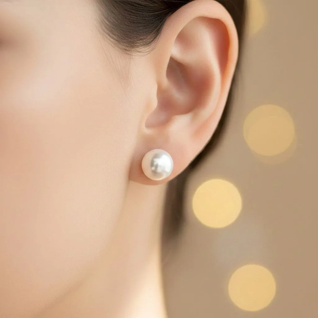 Freshwater pearl stud earrings white pearl close on-ear model view